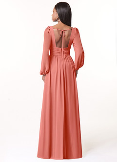 Azazie Norah Bridesmaid Dresses Salmon Pink A-Line V-Neck Long Sleeve Chiffon Dress image2