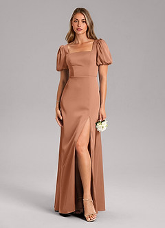 Azazie Fyona Bridesmaid Dresses Bronzer A-Line Pleated Stretch Satin Dress image3
