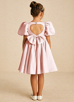 Azazie Muffin Flower Girl Dresses Blushing Pink A-Line with Sleeves Matte Satin Dress image1