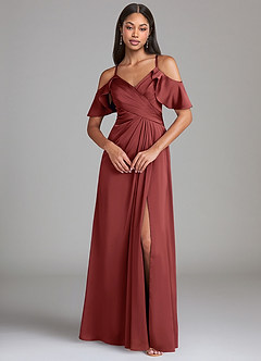 Azazie Dakota Bridesmaid Dresses Terracotta A-Line Off the Shoulder Stretch Satin Dress image3