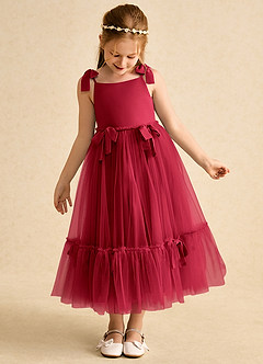 Azazie Jaci Blumenmädchenkleider A-Linie Spaghetti Riemen Chiffon Kleid Scharlachrot image6