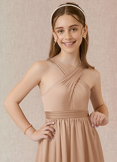 Azazie Jiya Junior Abito A-Line in Raso Elasticizzato Plissettato Rosa Inglese image4