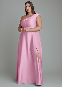 Azazie Melanie Vestidos de damas de honor Vestido Rosa Caramelo de Satén Elástico de Línea A con Hombros descubiertos image7