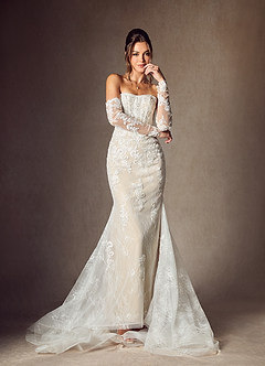 Azazie Caitlin Wedding Dresses Diamond White Champagne Mermaid Strapless Lace Dress image1