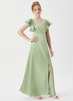Azazie Bondi Junior Vestido de Salvia Polvorienta de Satén Metálico de Corte En A con Corte Lateral image3