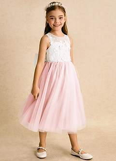 Azazie Lina Flower Girl Dresses Ivory Blushing Pink Ball-Gown Lace Dress image3