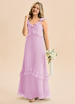 Azazie Tavie Junior Vestido de Rosa Caramelo de Gasa de Corte en A con Volante image1