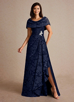 Azazie Branford Mother of the Bride Dresses Dark Navy A-Line Pleated Floral Burnout Dress image4