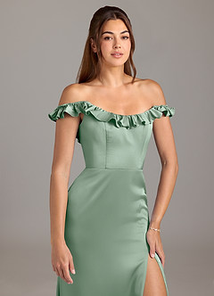 Azazie Callie Bridesmaid Dresses Agave A-Line Ruched Stretch Satin Convertible Dress image8