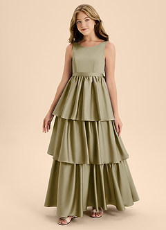 Azazie Meadowyn Junior Vestido de Musgo Verde de Satén Elástico de Corte En A con Lazo image4