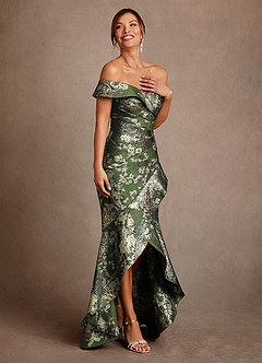 Azazie Winnetka Moeder van de bruid jurken Zeemeermin Jurk van Bloemenjacquard Off the Shoulder Matcha Groen image4