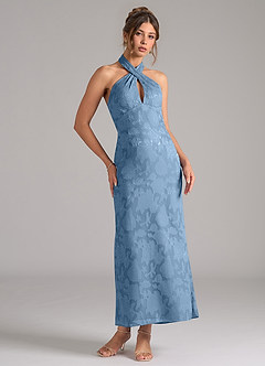 Azazie Marlissa Bridesmaid Dresses Steel Blue Sheath Pleated Floral Burnout Dress image5