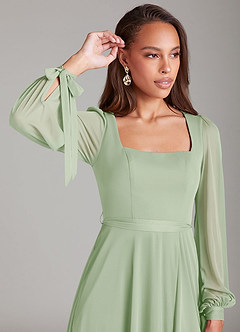 Azazie Leonia Bridesmaid Dresses Dusty Sage A-Line Long Sleeve Mesh Dress image5