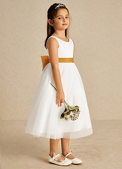 Azazie Kavi Flower Girl Dresses Ivory Butterscotch A-Line Bow Matte Satin Dress image4