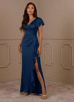 Azazie Roya Kleider für die Brautmutter Meerjungfrau-Linie Plissee mit V-Ausschnitt Stretch-Satin Kleid Dunkelmarine image1