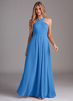 Azazie Dixie Bridesmaid Dresses Blue Jay A-Line Halter Pleated Chiffon Dress image3