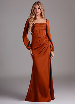 Azazie Charissa Bridesmaid Dresses Paprika Sheath Long Sleeve Stretch Satin Dress image3