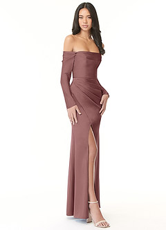 Azazie Hallie Bridesmaid Dresses Vintage Mauve Sheath Off-The-Shoulder Long Sleeve Stretch Satin Convertible Dress image5