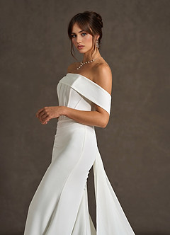 Azazie Grace Wedding Dresses Diamond White Mermaid Off the Shoulder Crepe Back Satin Dress image2