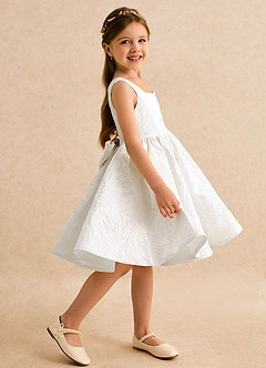 Azazie Honeybun Flower Girl Dresses Ivory A-Line Bow Floral Jacquard Dress image5