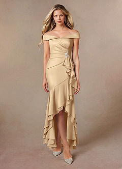 Azazie Billings Moeder van de bruid jurken Zeemeermin Jurk van Stretch Satijn Off the Shoulder Champagne image5