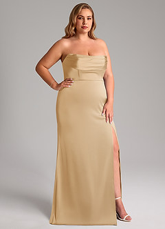 Azazie Saige Jurken voor bruidsmeisjes Jurk van Stretch Satijn met Kolom Off the Shoulder Goud image17