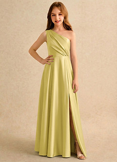 Azazie Puddles Girls Formal Robe Demoiselle D'honneur Fillette Robe Trapèze en Satin extensible Asymétrique Canari image1