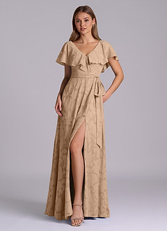 Azazie Lainey Bridesmaid Dresses Champagne A-Line with Pockets Floral Burnout Dress image1