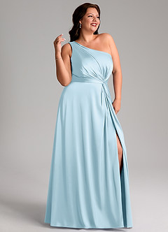 Azazie Brooke Robes de demoiselle d'honneur Robe Trapèze en Satin extensible Ue épaule Bleu Ciel image11