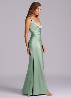 Azazie Amelie Bridesmaid Dresses Agave A-Line Pleated Stretch Satin Dress image3