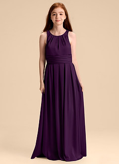 Azazie Bibiane Junior Grape A-Line Pleated Stretch Satin Dress image3