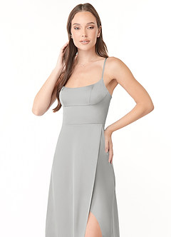 Azazie Halsey Final Sale Silver A-Line Side Slit Stretch Satin Dress image6
