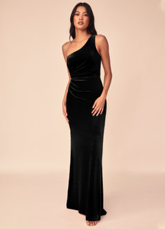 Azazie Argan Bridesmaid Dresses Black A-Line One Shoulder Pleated Velvet Dress image4