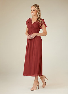 Azazie Vera Mother of the Bride Dresses Rust A-Line V-Neck Pleated Mesh Dress image2