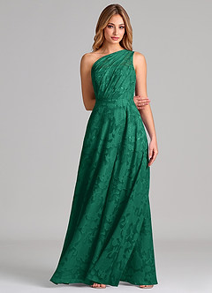 Azazie Phaedra Bridesmaid Dresses Emerald A-Line One Shoulder Floral Burnout Dress image4