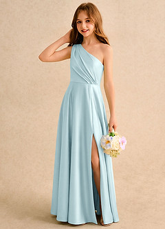 Azazie Puddles Girls Formal Robe Demoiselle D'honneur Fillette Robe Trapèze en Satin extensible Une épaule Bleu Nuage image3