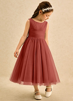 Azazie Macaron Robe Demoiselle D'honneur Fillette Robe Trapèze en Tulle Plissée Terracotta image1