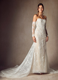 Azazie Caitlin Wedding Dresses Diamond White Champagne Mermaid Strapless Lace Dress image7