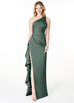 Azazie Latrice Bridesmaid Dresses Sea Moss Sheath One Shoulder Cascading Ruffles Stretch Satin Dress image1