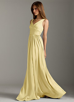 Azazie Keyla Bridesmaid Dresses Lemon Sorbet A-Line Pleated Stretch Satin Dress image7
