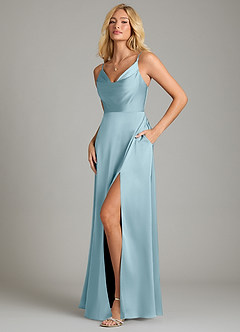 Azazie Sarella Vestidos de damas de honor Vestido de Azul Malhumorado de Satén Elástico de Corte en A con Plisado image5