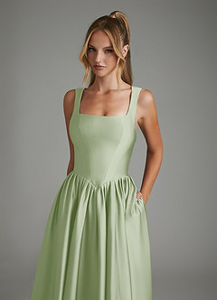 Azazie Nevaeh At-home Try On Dresses Dusty Sage A-Line Corset Stretch Satin Dress image3