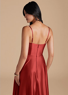 Azazie Elle Bridesmaid Dresses Rust A-Line with Pockets Metallic Satin Dress image4