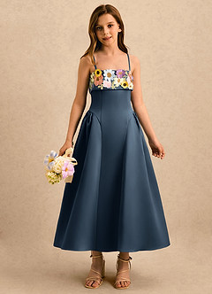Azazie Gianna Girls Formal Sukienki dla dziewczynek sypiących kwiaty Linia A Pofałdowany Matowy satynowy Długość herbaty Sukienka image4