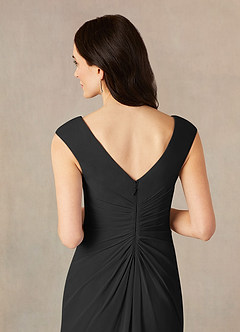 Azazie Sally At-home Try On Dresses Black A-Line V-Neck Pleated Chiffon Dress image5