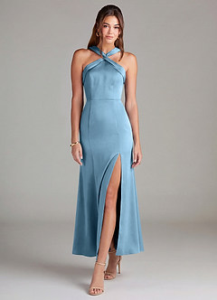 Azazie Rue Bridesmaid Dresses Steel Blue Mermaid Pleated Stretch Satin Dress image3