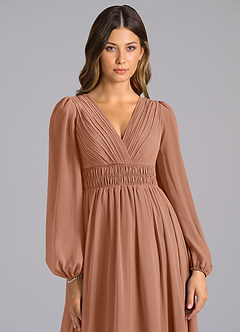 Azazie Palerma Abiti da Damigella Abito A-Line in Chiffon Manica Lunga Bronzo image6