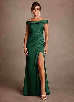 Azazie Bedford Mother of the Bride Dresses Dark Green Sheath Pleated Stretch Satin Dress image1