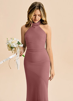 Azazie Velli Junior Vestido Rosa Do Deserto de Chiffon de sereia com Pescoço alto image5