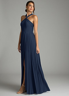 Azazie Afra Abiti da Damigella Abito A-Line in Chiffon Plissettato Marino Scuro image4